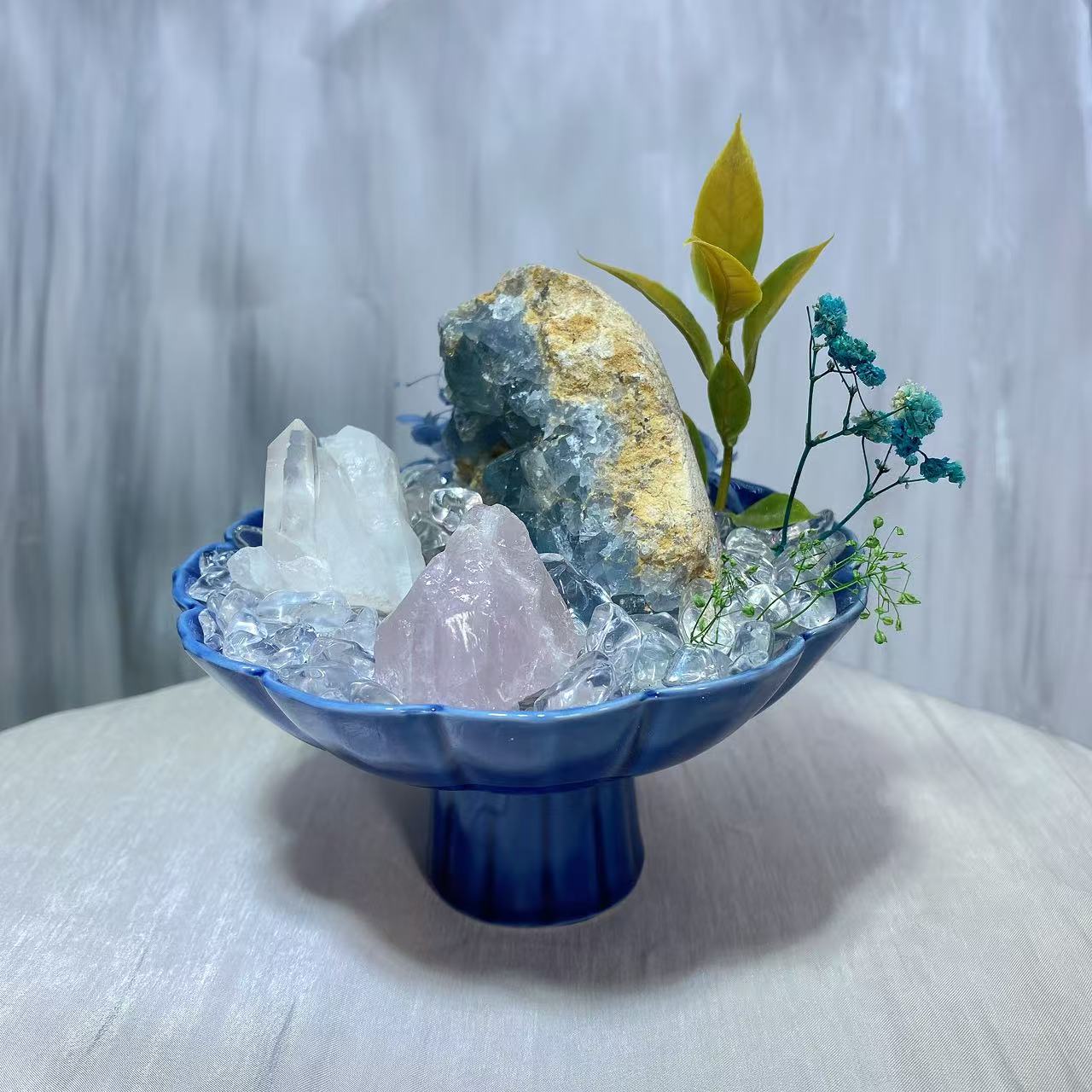 クリスタル盆栽セット|天青石・白水晶・ローズクォーツ
