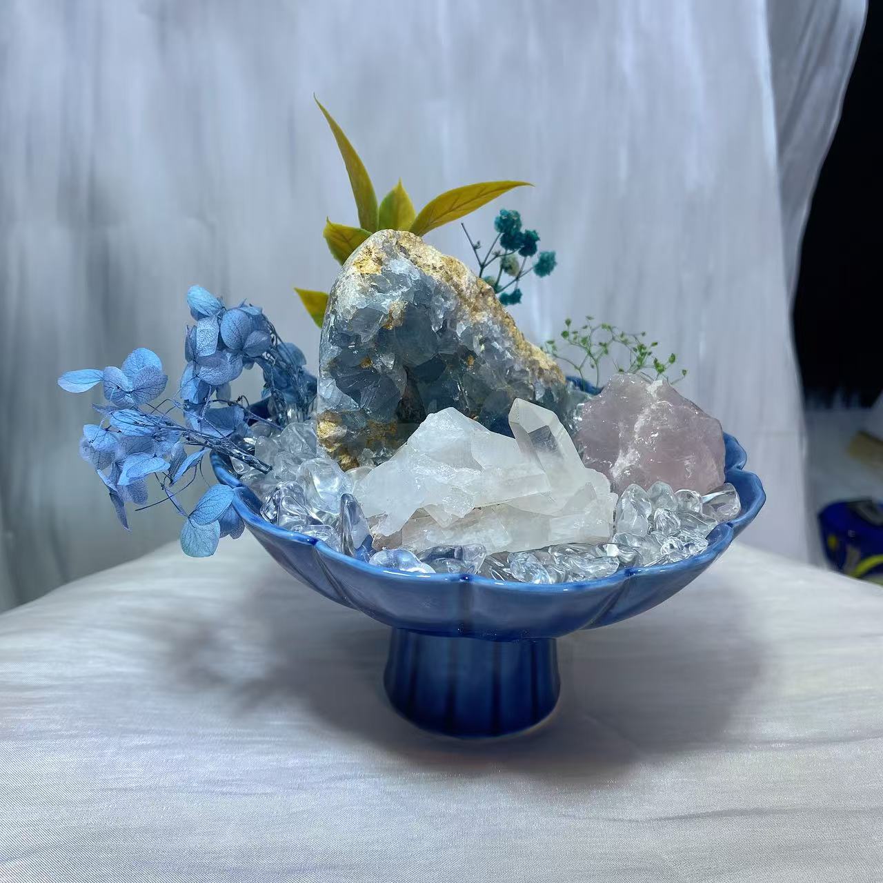 クリスタル盆栽セット｜天青石・白水晶・ローズクォーツ